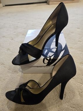 Nine West Black Satin Peep-Toe Knot Heels